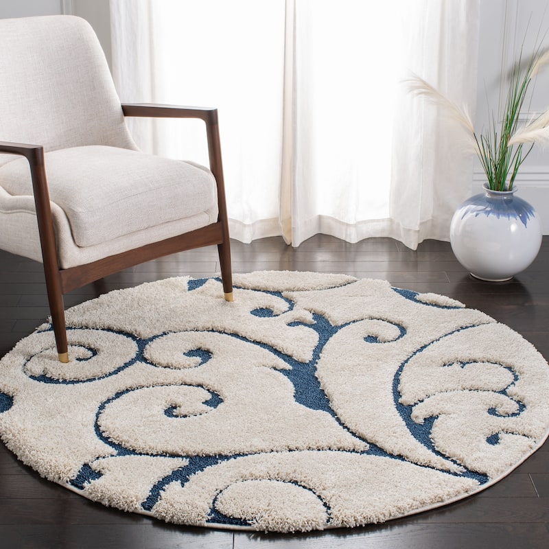 SAFAVIEH Florida Shag Shahin Scroll 1.2-inch Thick Textured Rug - 5' Round - Cream/Blue