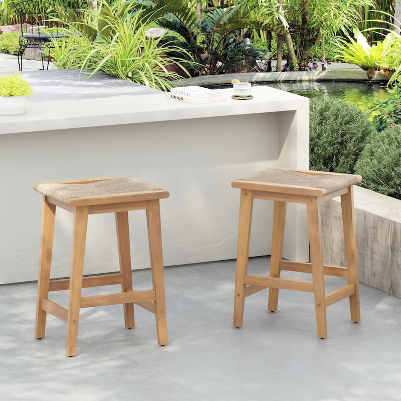 Christopher Knight Home- Lingard Acacia Wood Backless Patio Counter Stool(Set of 2) - Teak Finish+Beige Rope