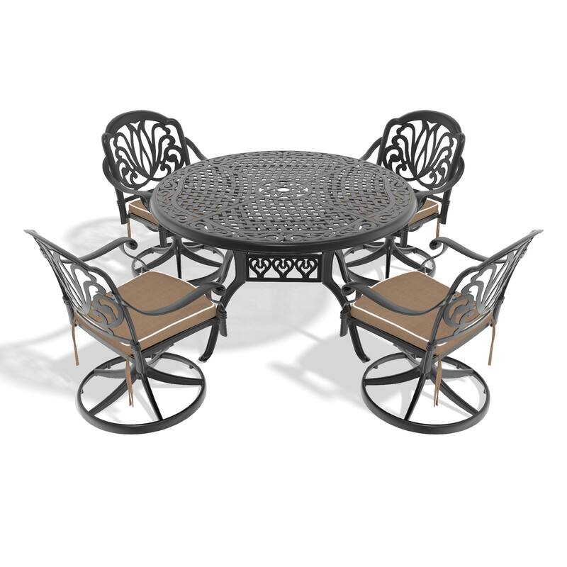 5-Piece Outdoor Patio Dining Set, Patio Furniture Set, 4 Swivel Chairs with Cushion, Round Table with Umbrella Hole