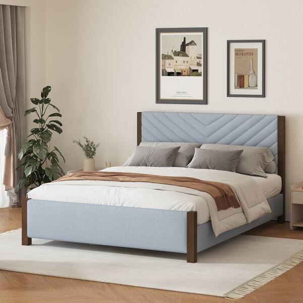 slide 2 of 9, Queen Size Bed Frame,Upholstered Platform Bed with Tufted Headboard and Solid Wood Legs,No Box Spring Needed,Blue Blue - Queen