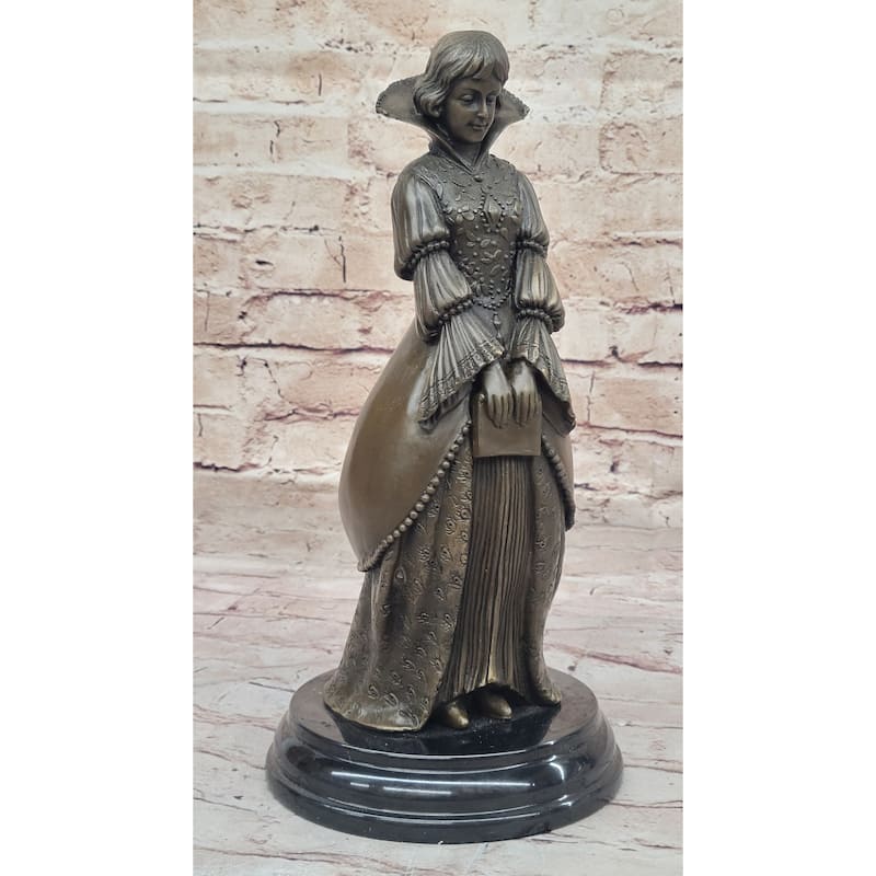 Demure Modest Religious Woman Hot Cast Bronze Sculpture On Marble Base