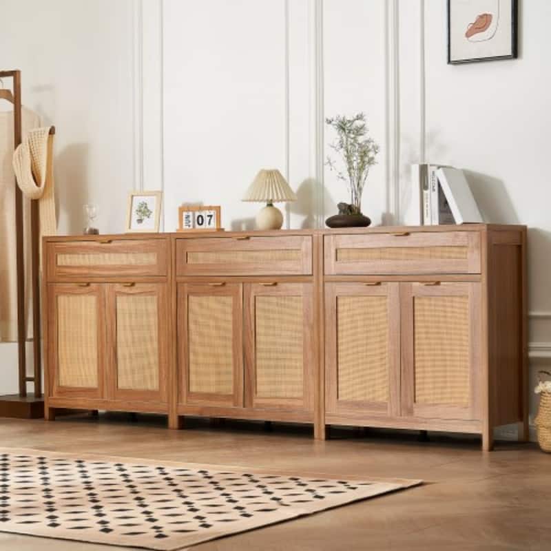Buffet Cabinet, Rattan Cabinet with Storage 90inch, Storage Cabinet with 6 Magnetic Doors and Adjustable Shelves Set of 3, Side - 90 inch