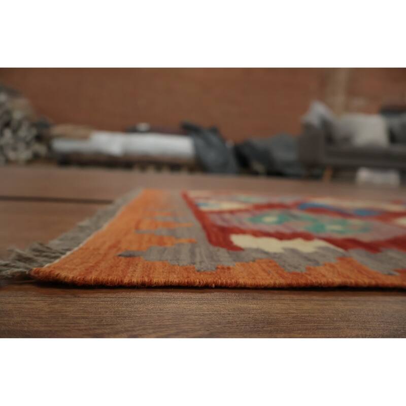 Hand Woven Oriental 100% Wool Carpet Southwestern Geometric Oranges & Rust Kilim Runner Rug - 9' 4'' X 2' 5''