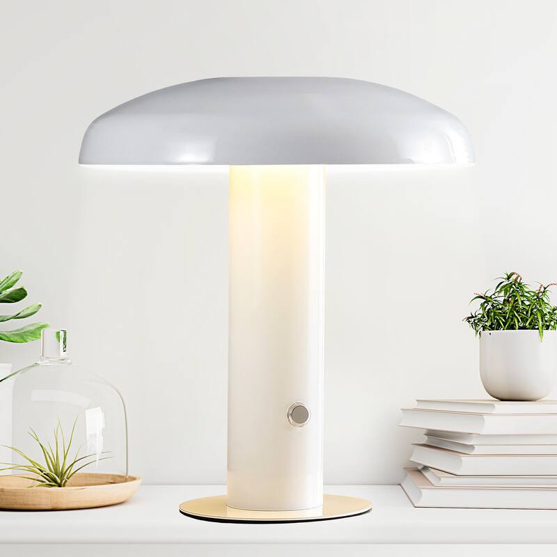 Boletus 11" Contemporary Bohemian Rechargeable/Cordless Iron Integrated LED Mushroom Table Lamp, by JONATHAN Y - White