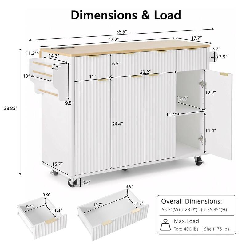 Fluted 55.5" Kitchen Island with Drop Leaf, Rolling Island Table with Drawers, Power Outlet for Functional Kitchen Organization
