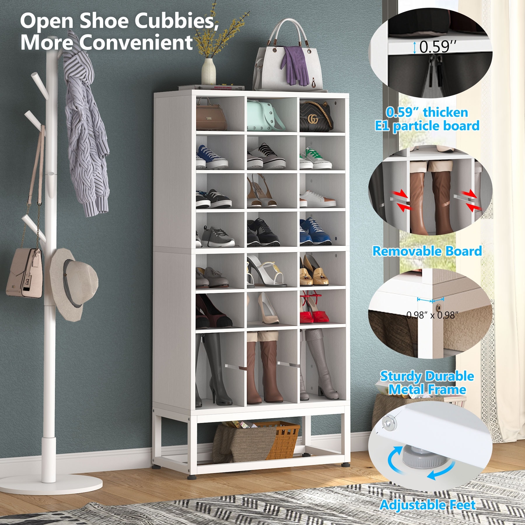 White 24 Pair Shoe Storage Cabinet 8 Tier Feestanding Cube Shoe