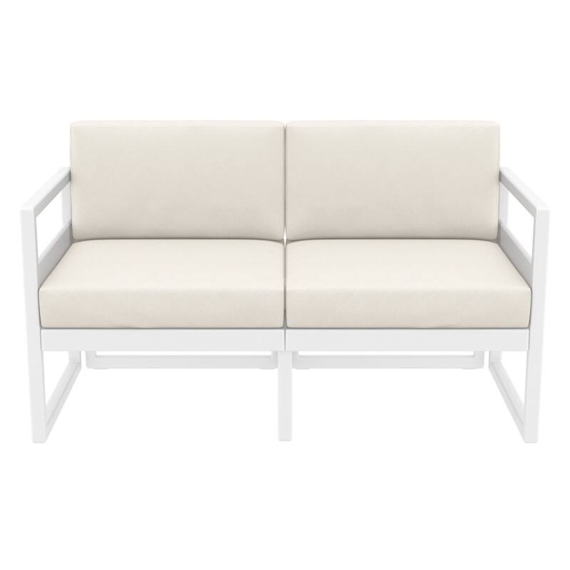 55" White Outdoor Patio Loveseat with Sunbrella Natural Beige Cushion