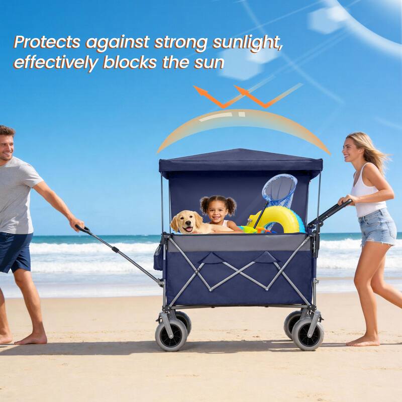 Multi-Functional Push-Pull Folding Wagon Cart with Rotating Handle & Canopy, 9"x4" Beach Tires, 300L Large Capacity