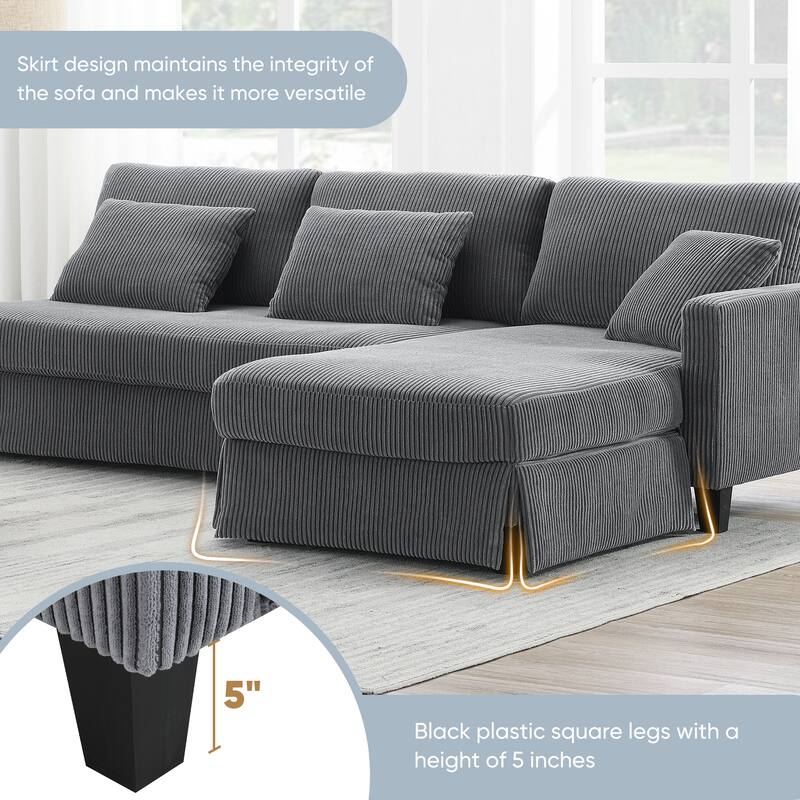 87X61"Modern L-shaped Corduroy Sofa with Reversible Chaise, 4-seat Upholstered Sectional Indoor Furniture for Living Room