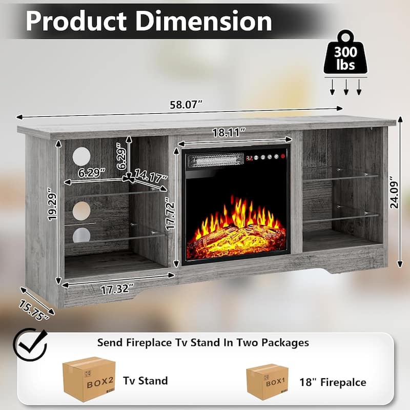 Bossin 58" Fireplace TV Stand with 18'' Electric Fireplace,Modern Entertainment Center for 65'' TVs,TV Console