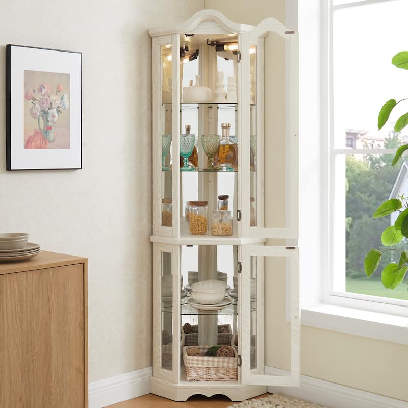 Lighted Corner Curio Cabinet, Freestanding Glass Display Cabinet, Wooden China Cabinet with Tempered Glass Doors & Shelves