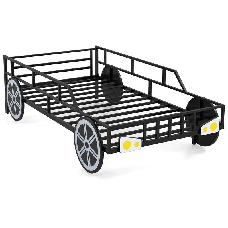Costway Twin Car-Shaped Metal Bed Frame with Wheels Decorations Safety