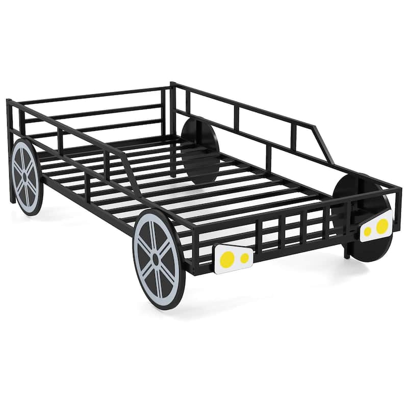 Twin Metal Bed Frames Toddler Race Car-Shaped Bed Platform w/Wheels - Twin