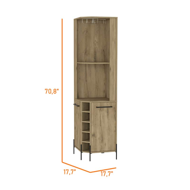 FM Furniture Reese Corner Bar Cabinet with Glass Rack, 5 Wine Cubbies, 2 Doors, 4 Inner Shelves, and 2 Open Shelves, Macadamia