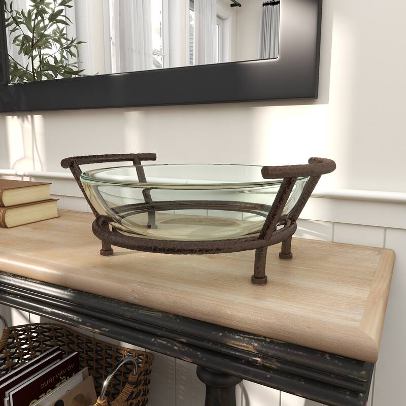 Clear Tempered Glass Kitchen Serving Bowl with Brown Metal Base