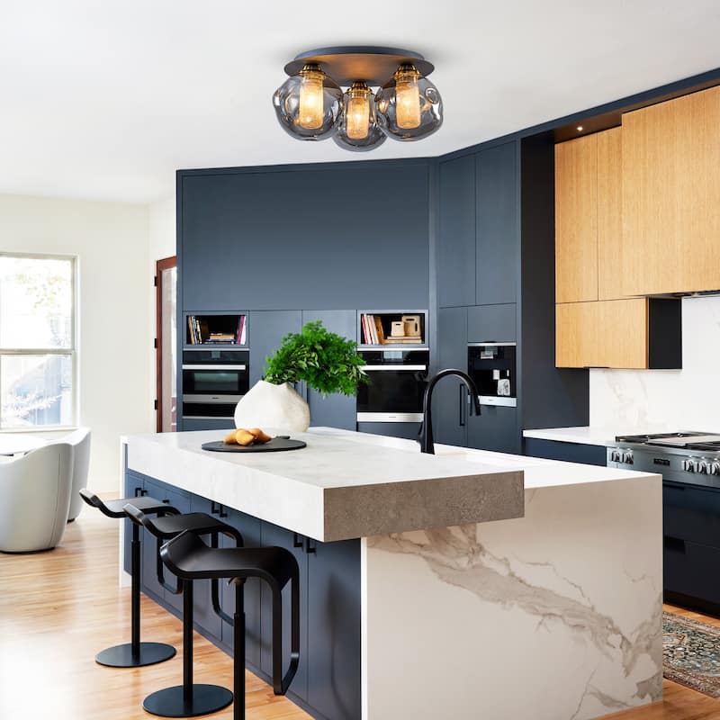 3 Lights Black Flush Mount Ceiling Light with Smoked Glass Shades - Dia.15.74-in