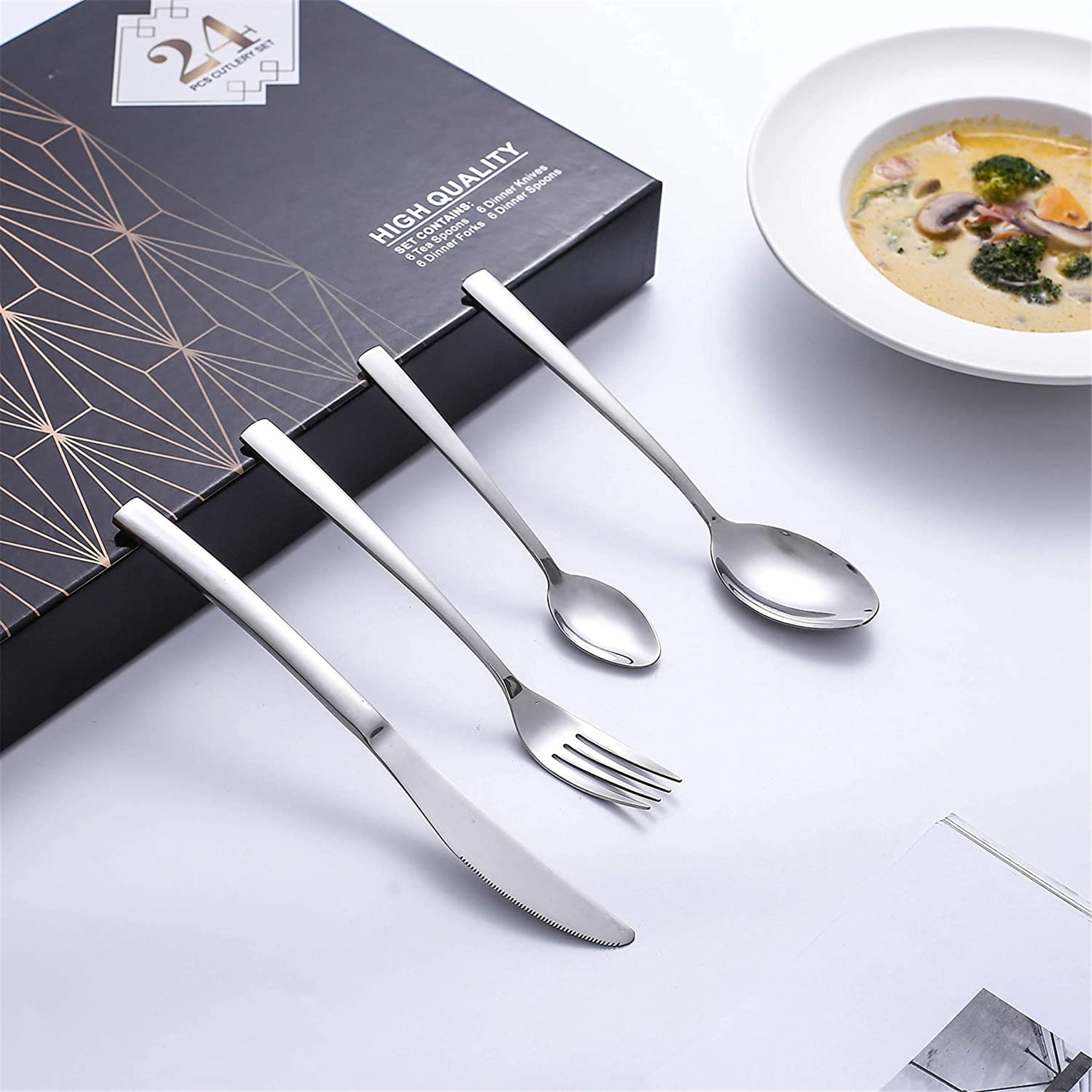 Cutlery Set Dinner Traditional Flatware Modern with Gift Box 40-Piece Stainless Steel Modern Flatware Knife Fork Spoons with Mirror Polish
