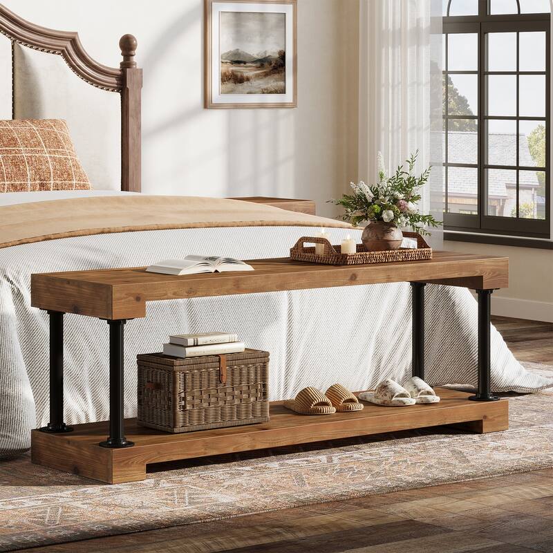 63" Solid Wood Entryway Bench, Industrial Storage Bench with Shelf