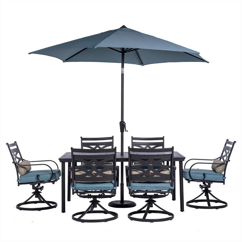 Hanover Montclair 7-Piece Dining Set in Ocean Blue with 6 Swivel Rockers, 40-In. x 66-In. Dining Table and 9-Ft. Umbrella