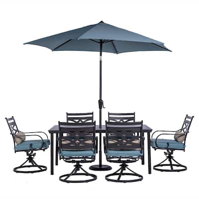 Hanover Montclair 7-Piece Dining Set in Ocean Blue with 6 Swivel Rockers, 40-In. x 66-In. Dining Table and 9-Ft. Umbrella