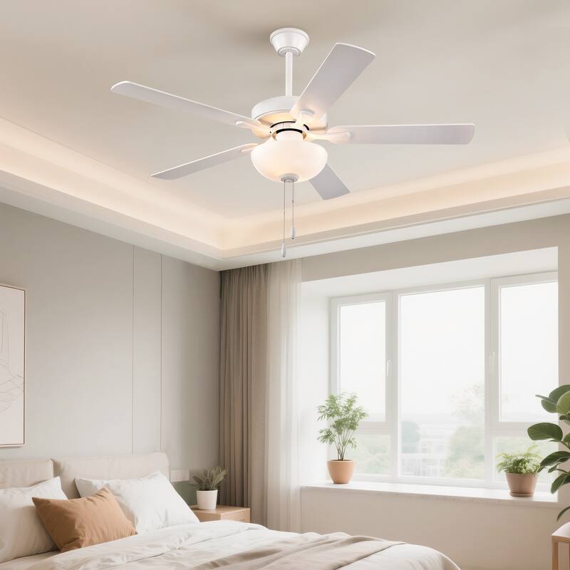 White 52 in. Indoor 5-Blade Modern Reversible Ceiling Fan with Light Kit and Pull Chain - 52 in. Dia x 16.7 in. or 21.7 in.