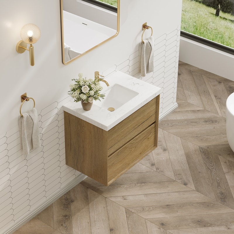 24"30"36"48"60"72" Floating Bathroom Vanity Engineered Stone Top with Rectangular Ceramic Undermount Sink