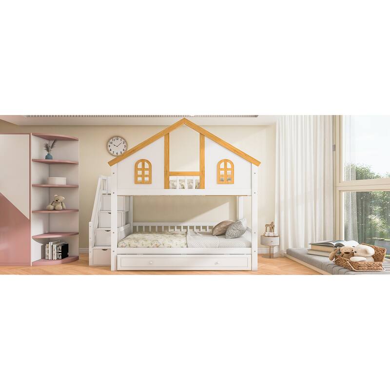 Roomfitters Twin Over Twin/Full Over Full House Bunk Bed with Trundle, Storage Staircase and Roof, White and Natural