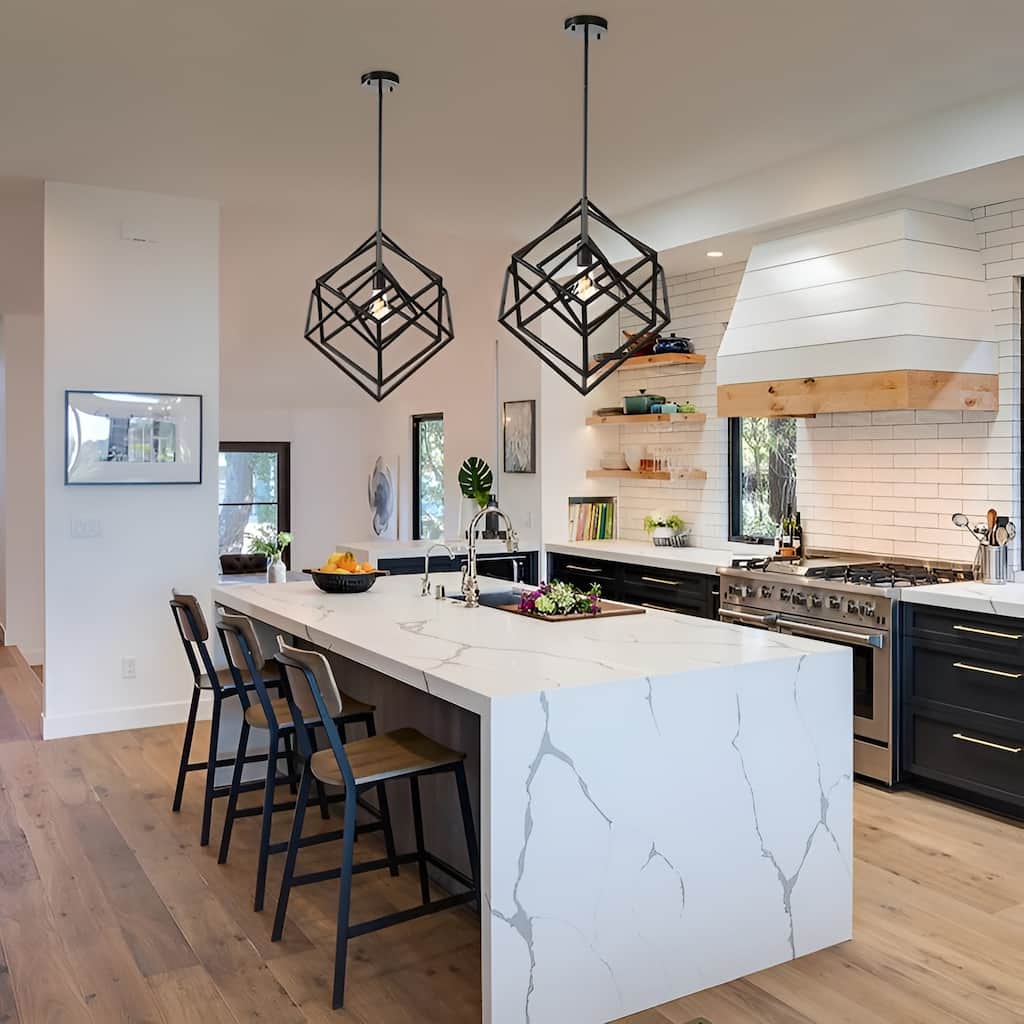 1 Light 20 inch Geometric Black Pendant Lamp Multifaceted Open Cage Frame