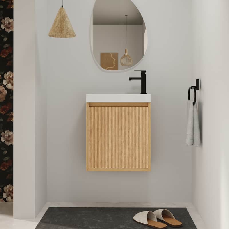 Bathroom Vanity With Sink In 18 Inch, Floating Small Bathroom Vanity With Soft Close Door - 18.5''W×10.25''D×22.06''H - Beige