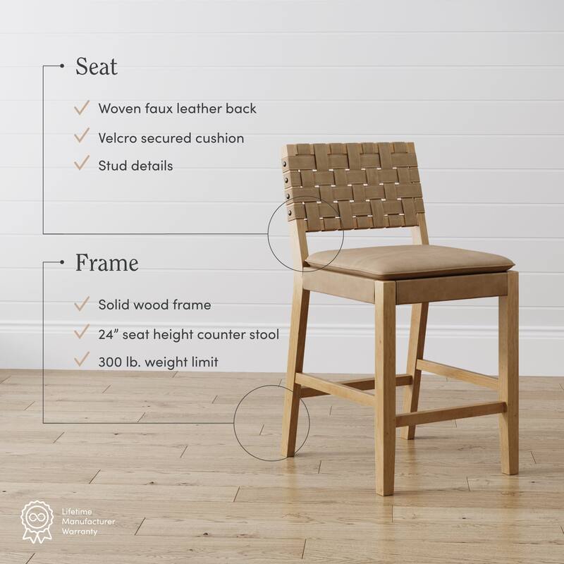 Nathan James Cohen Faux Leather Counter or Bar Height Stool, Solid Wood Frame with Footrest and Woven Leather Back