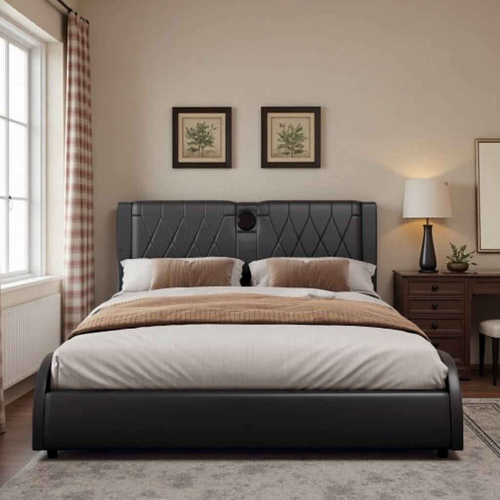 King Size Faux Leather Upholstered Platform Bed with RGB LED Lights, Bluetooth Speakers, Thickened Headboard