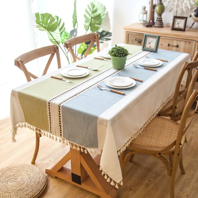 Enova Home 54"x 78" High Quality Rectangle Cotton and Linen Tablecloth with Tassels - Turquoise and Light Blue 