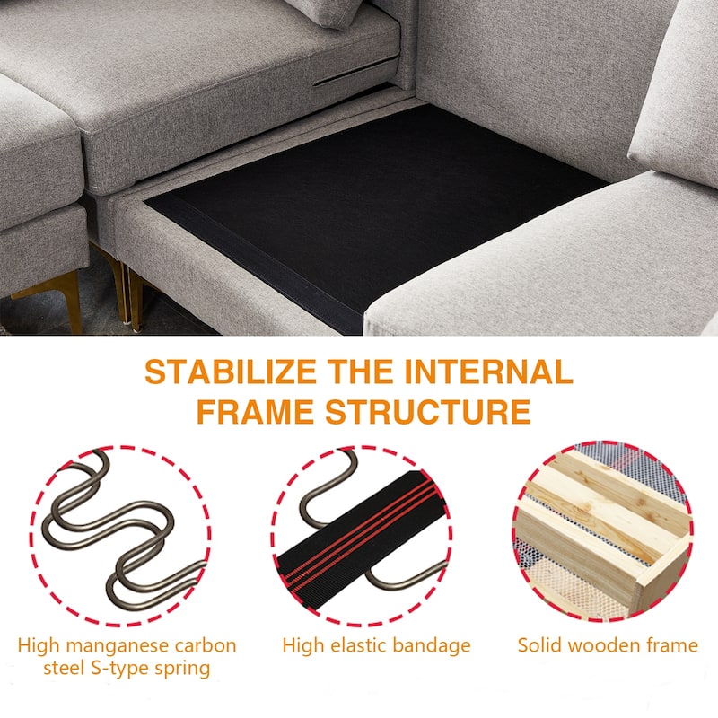 92'' Fabric L-Shape 3-Seater Sofa with Ottoman, Gold Metal Legs, and Toss Pillows