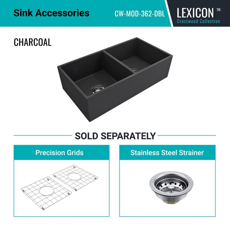 Crestwood 36" Modern Double Bowl Apron Fireclay Sink - Charcoal