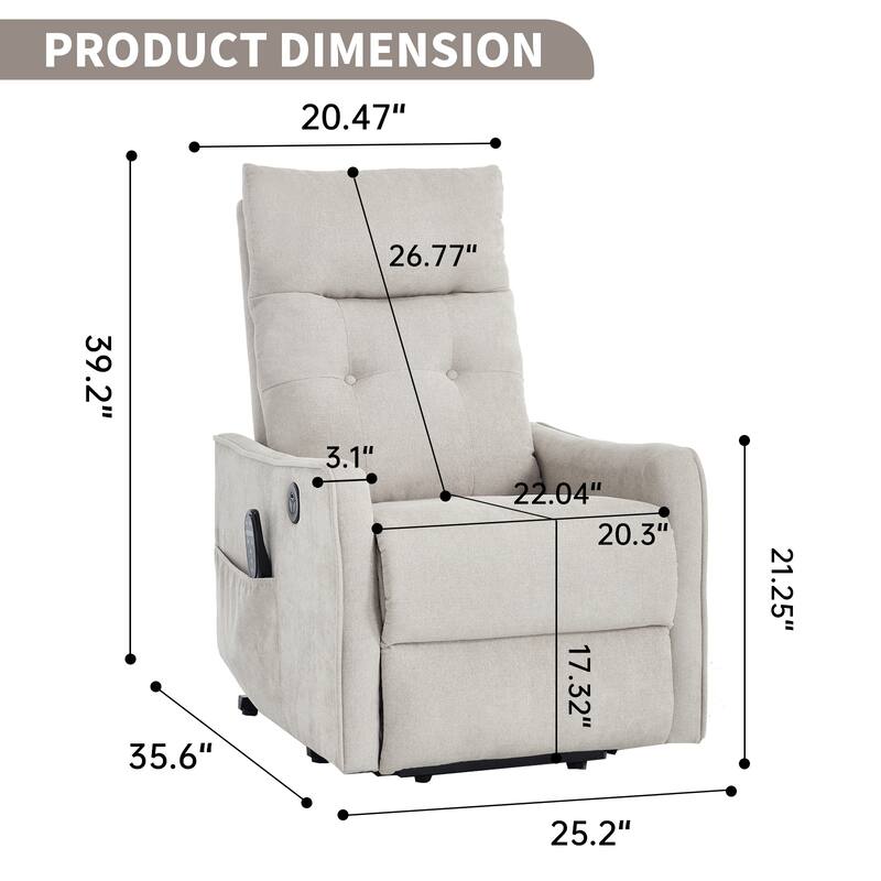 Chenille Power Lift Recliner Chair, Single Motor Heavy Duty Recliner Chair with Massage & Heat, Lounge Sofa Chair with USB Port