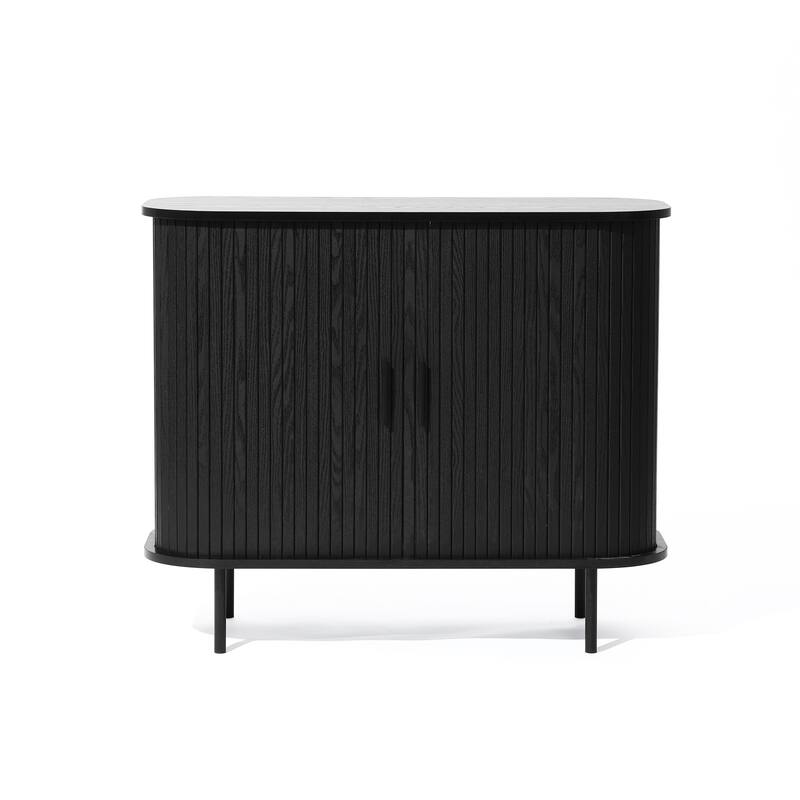 Mid-Century Modern 2-Door Accent Cabinet with Slatted Sliding Doors - 29.5" H x 35.4" W x 15.7" D - Black