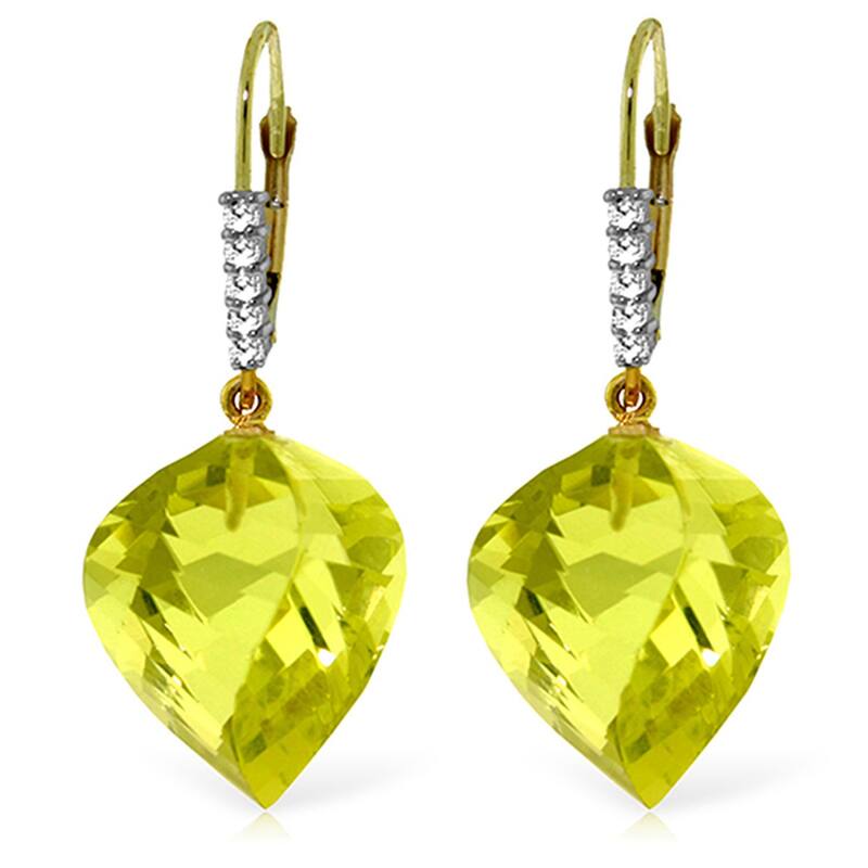 21.65 Carat 14K Solid Gold Earrings Diamond Briolette Quartz - Yellow