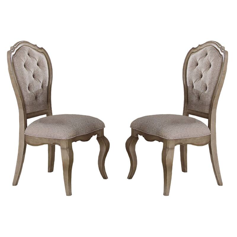 Fabric Upholstered Side Chair with Button Tufting Back, Beige and Gray, Set of Two