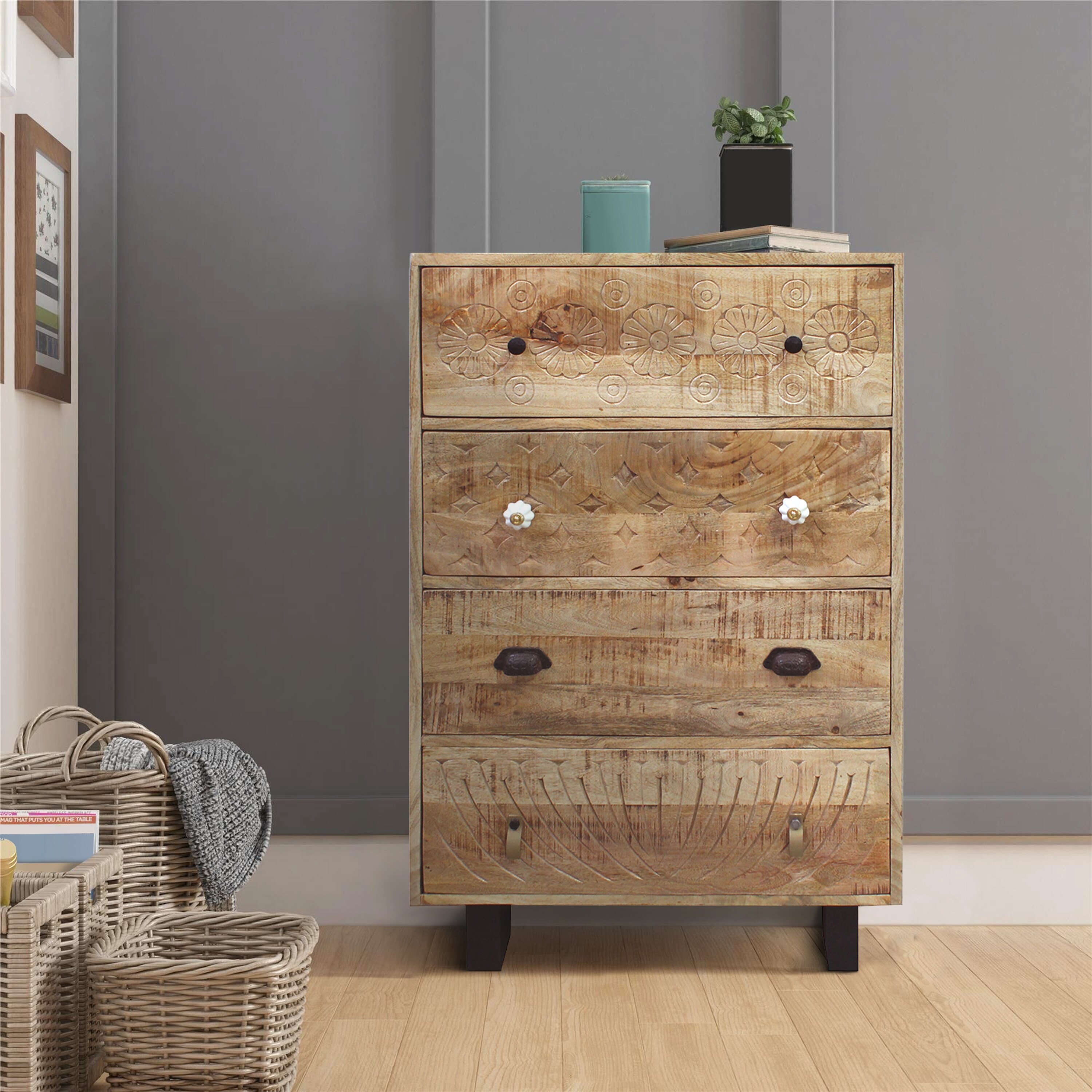 4 Drawer Handmade Wooden Accent Chest With Carved Drawer Front Brown And Black On Sale Overstock 32026633