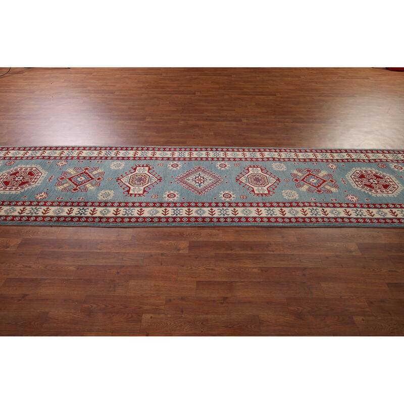 Light Blue Kazak Oriental Runner Rug Handmade Wool Carpet - 2'10" x 15'0"