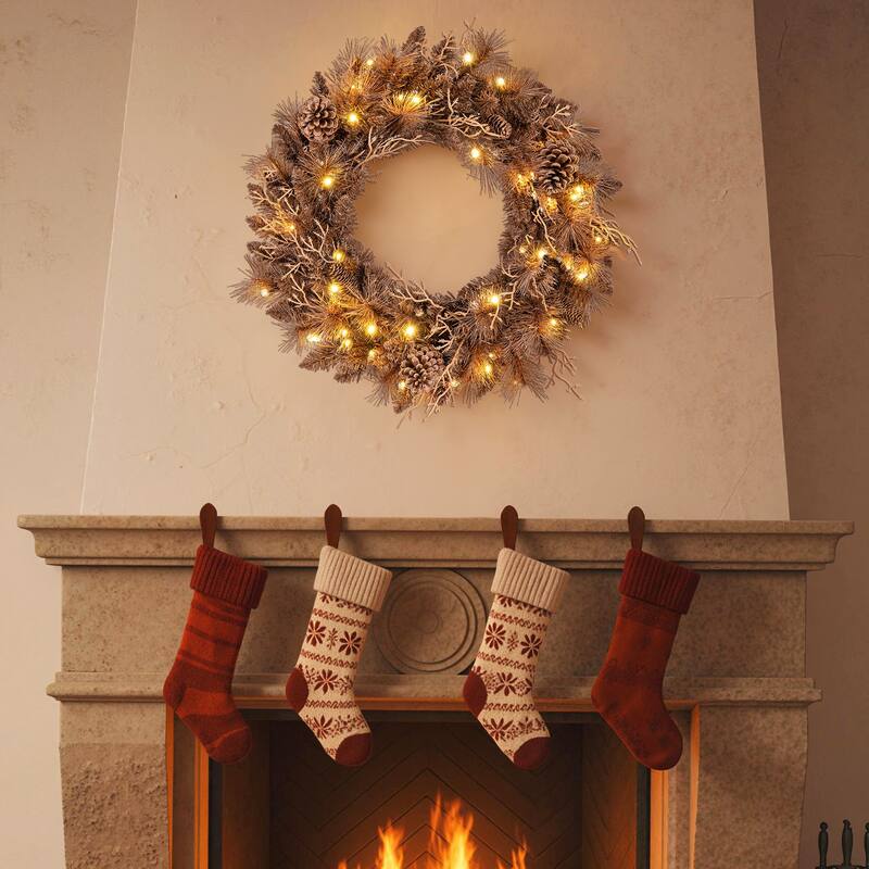 Gymax Set of 2 24'' Pre-lit Christmas Wreath Front Door Artificial