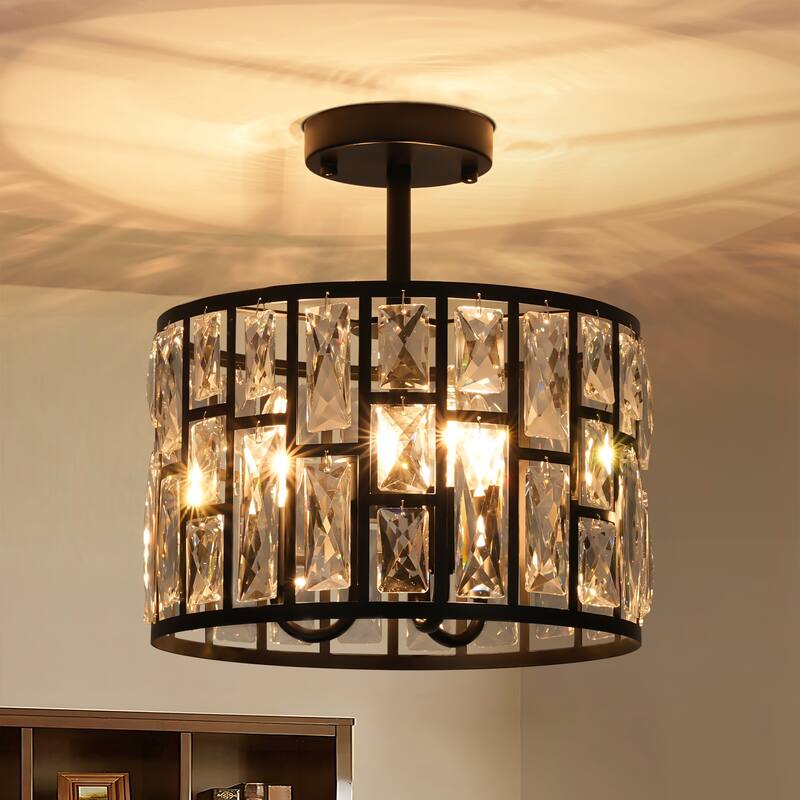 3/5-Light Industrial Vintage Black Drum Semi-Flush Mount Ceiling Light with Crystal Accents