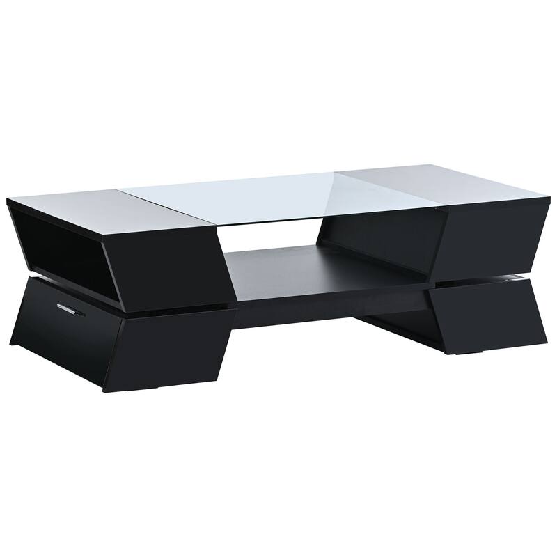 Glass-Top Coffee Table with Open Storage Shelves and Cabinets, Rectangular Cocktail Table 2-Tier Center Table for Living Room