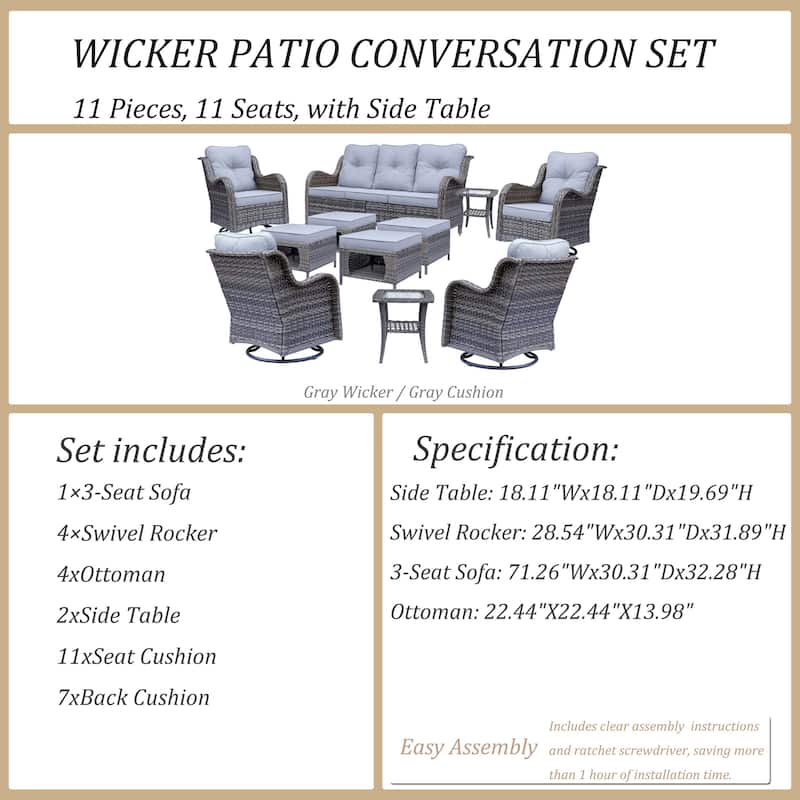 11 Piece Outdoor Wicker Patio Conversation Swivel Chairs Furniture Set
