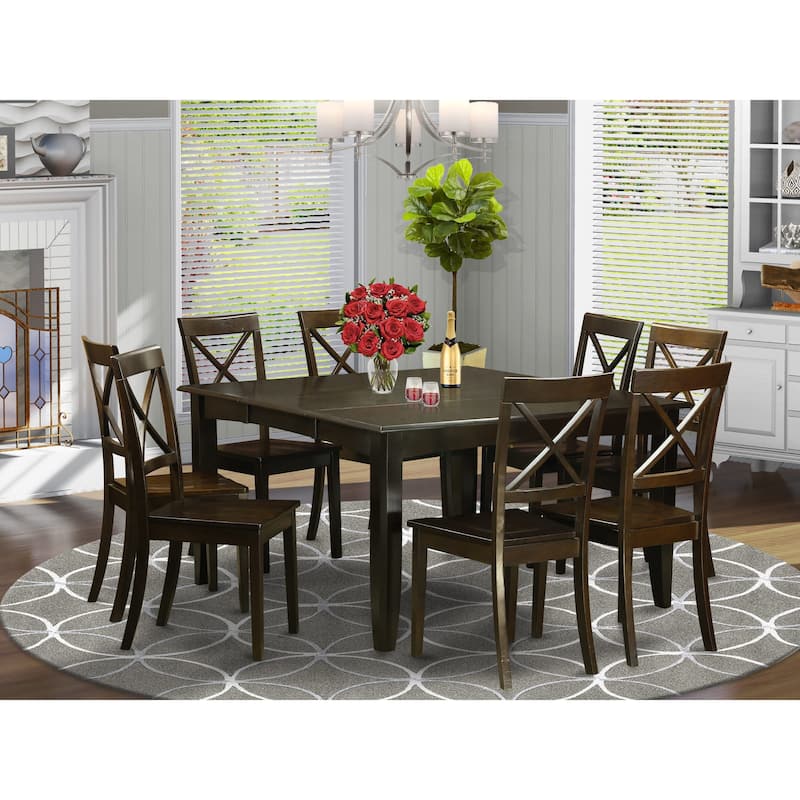 East West Furniture Dining Table Set Includes a Square Wooden Table with Butterfly Leaf and 8 Kitchen Dining Chairs, Cappuccino - PFBO9-CAP-W