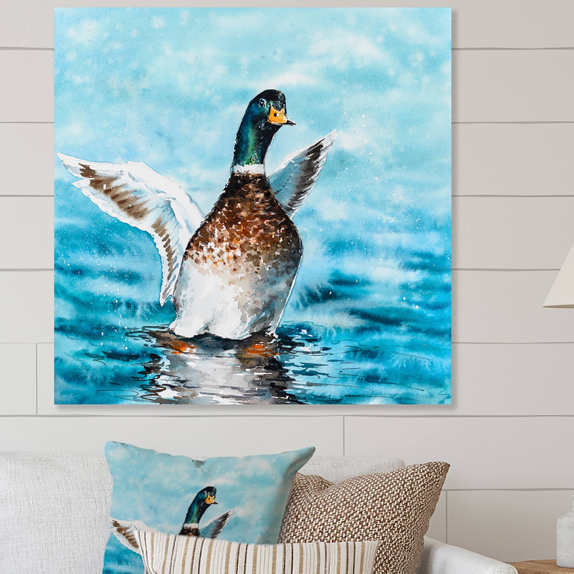Designart "Mallard Duck Stretching Its Wings" Traditional Canvas Art