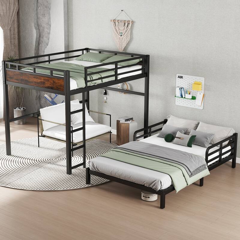 Roomfitters Twin/Full/Queen Metal Bunk Bed & Loft Bed with Raised Safety Fence, Convertible Platform Design, Vintage Wood
