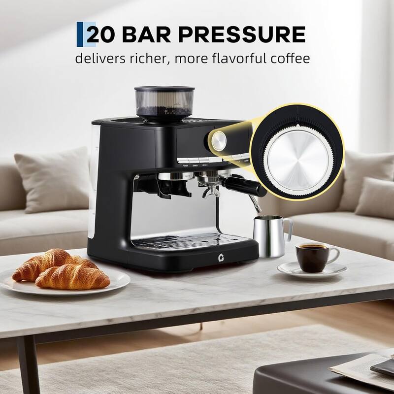 20 Bar Pressure Stainless Steel Semi-Automatic Espresso Coffee Machine with Grinder, Black