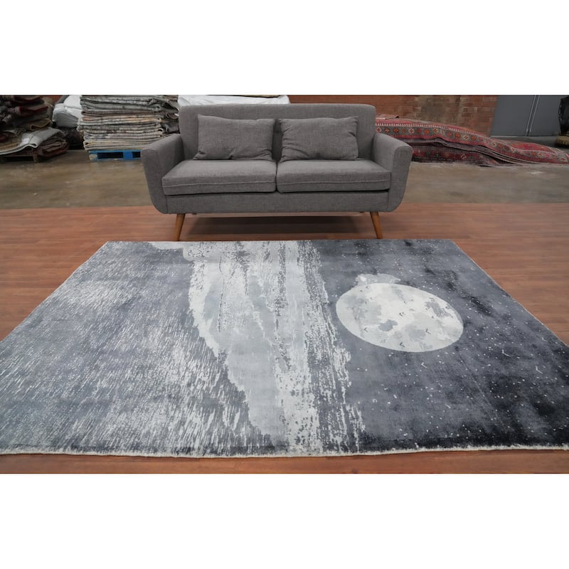 Hand Knotted Oriental Viscose Silk Carpet Modern Pictorial Greys & Charcoal Abstract Area Rug - 7' 5'' X 5' 7''