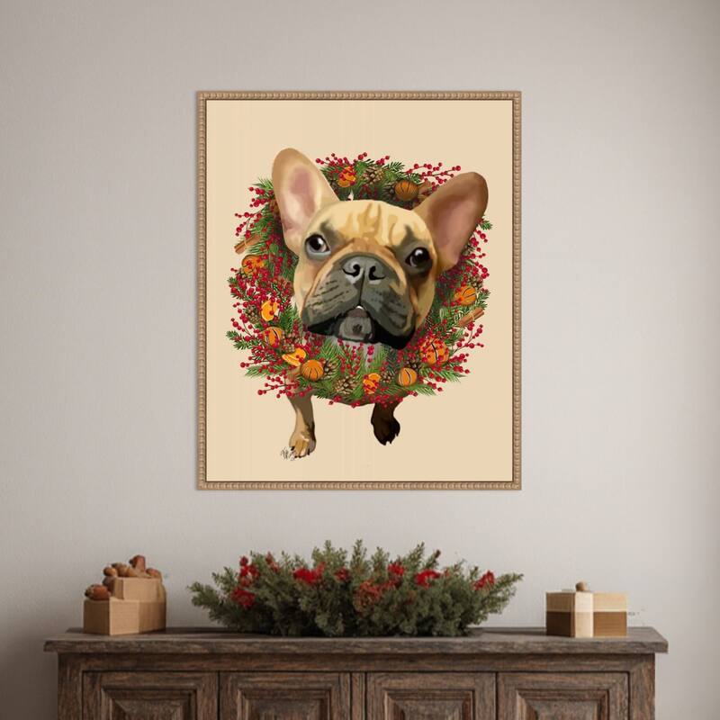 French Bulldog Cranberry Wreath by Fab Funky (23 x 28 in.), Framed Canvas Wall Art Print - Sylvie Beaded Rustic Natural